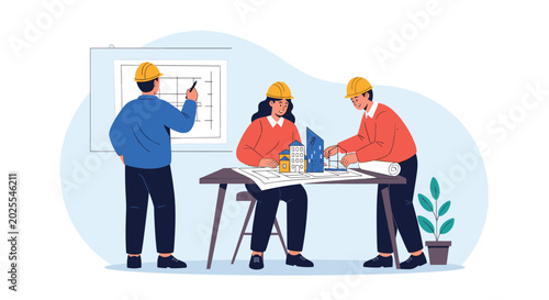 Group of professional architects working on a building project with blueprints, models, and sketches in a bright office space.