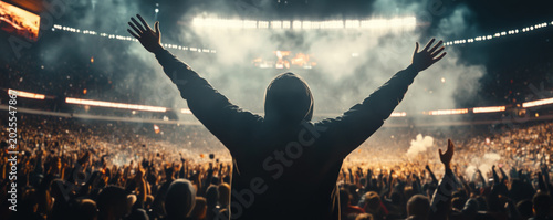 Excited Fan Celebrating in a Packed Stadium at Night