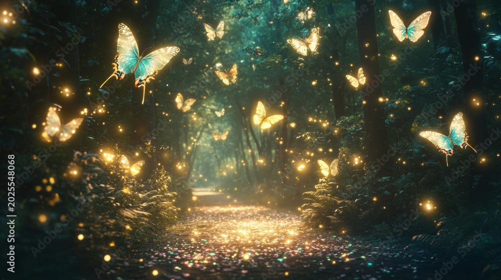Obraz premium Enchanted Forest with Glowing Golden Butterflies
