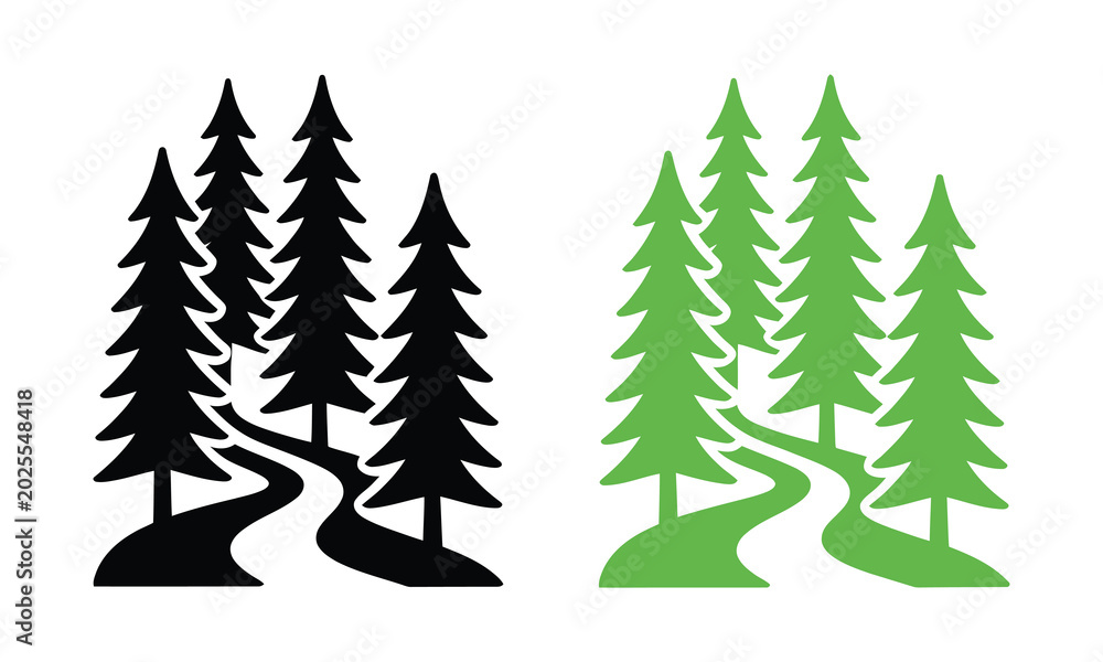 Fototapeta premium Green and black forest trees illustration with winding path