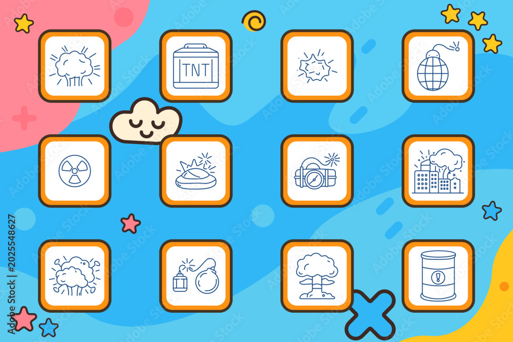 Fototapeta premium Explosion hazard set icon. Line icons depict blast cloud, tnt container, burst impact, timed explosive, radiation symbol, ground explosion, dynamite pack, city blast, shockwave cloud