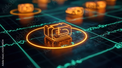 Glowing orange cube symbol on digital grid