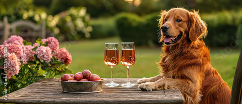 Golden Retriever Sitting at Wooden Table With Two Wine Glasses and Bowl of Fruit in Garden