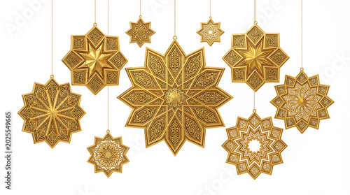 Set of golden islamic geometric star ornaments hanging against a clean white background featuring intricate arabesque pattern designs