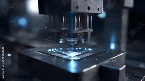 Closeup of a laser cutting machine in action with blue sparks flying