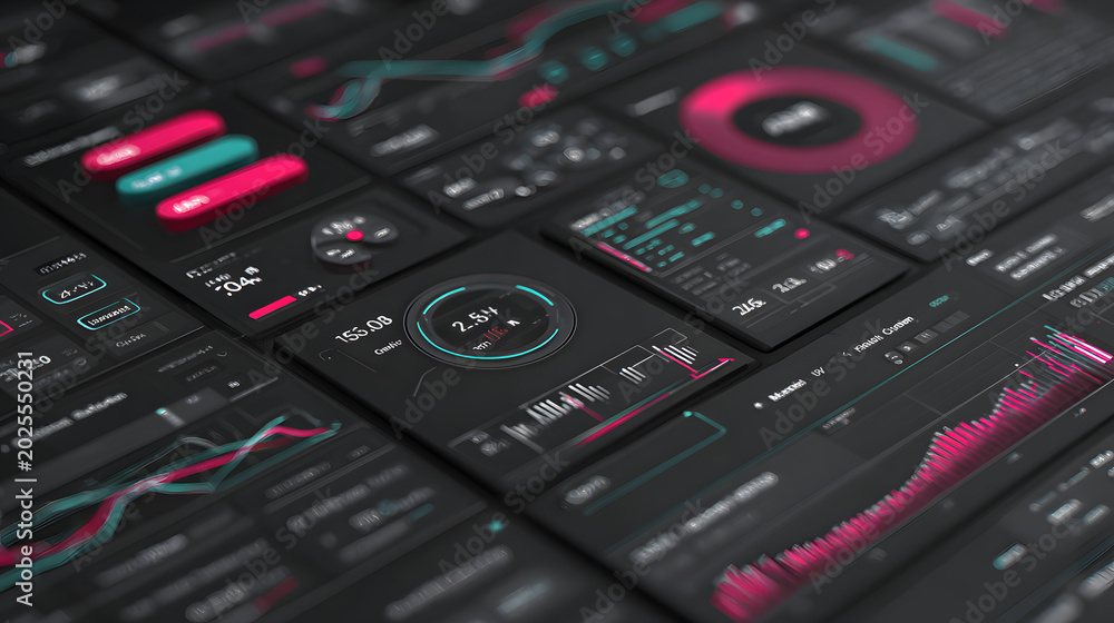 Obraz premium Interactive 3D UI dashboard with data visualization, isolated on transparent background, dark