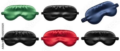 Collection of six silk sleep masks in various colors: green, black, blue, and red, isolated on a transparent background.