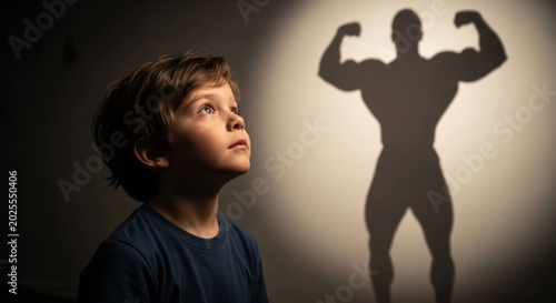Young boy dreams of becoming a strong bodybuilder with a muscular shadow.