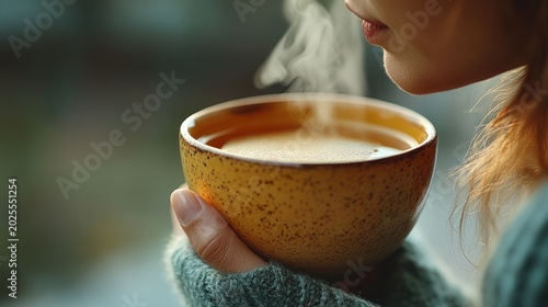 Person sipping warm beverage