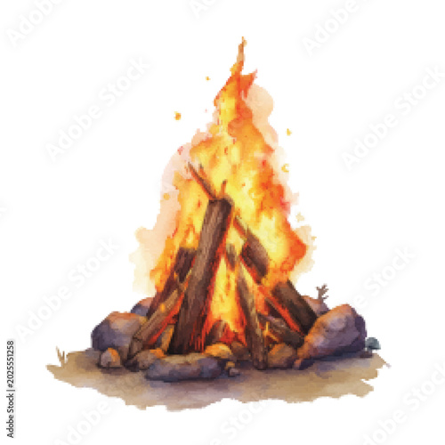 Photos Burning wood campfire with flames.