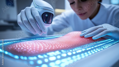 Scientist examining biological sample using robotic arm