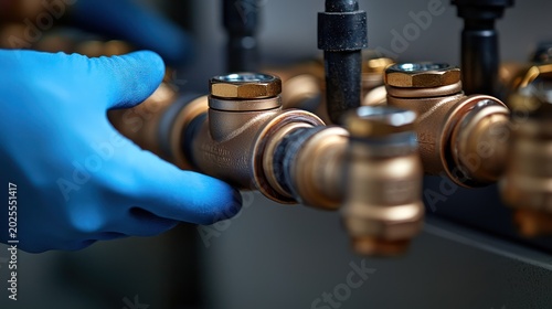 Gloved hand inspecting brass plumbing fixtures