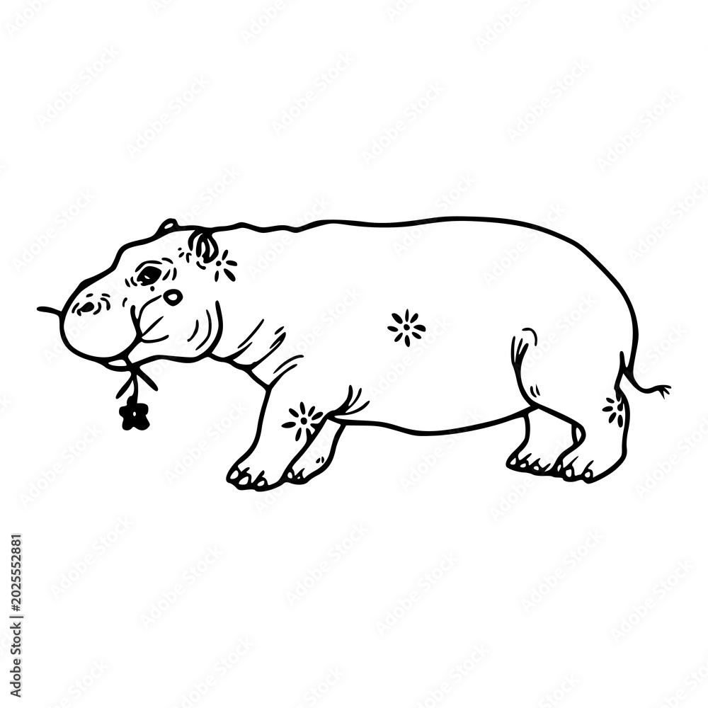 Fototapeta premium cute hippopotamus holding a flower illustration in line art style
