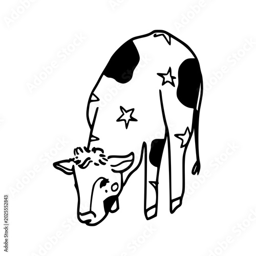 Quadro su tela minimalist line art of a grazing cow with stars drawing