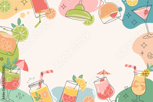 Retro pastel cocktail border composition with colorful summer party drinks