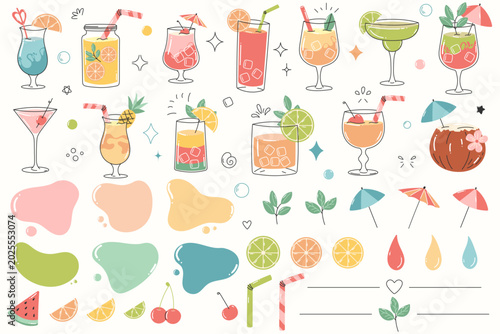 Tropical cocktail elements collection with summer drinks fruits and decor