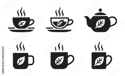 Quadro su tela Collection of six black and white icons representing hot beverages like tea and coffee with steaming effect
