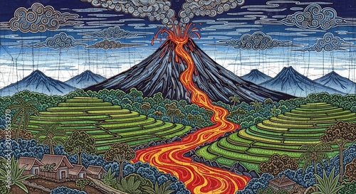 Volcano Erupting with Lava Flow Through Rice Terraces Illustration