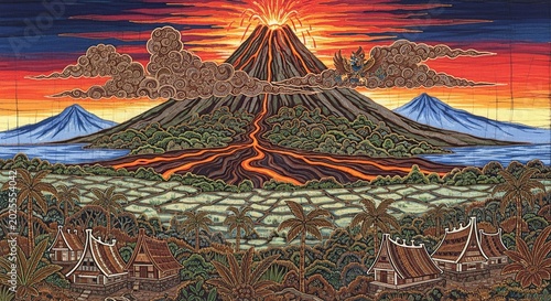 Volcano Eruption Illustration Landscape with Rice Fields and Houses