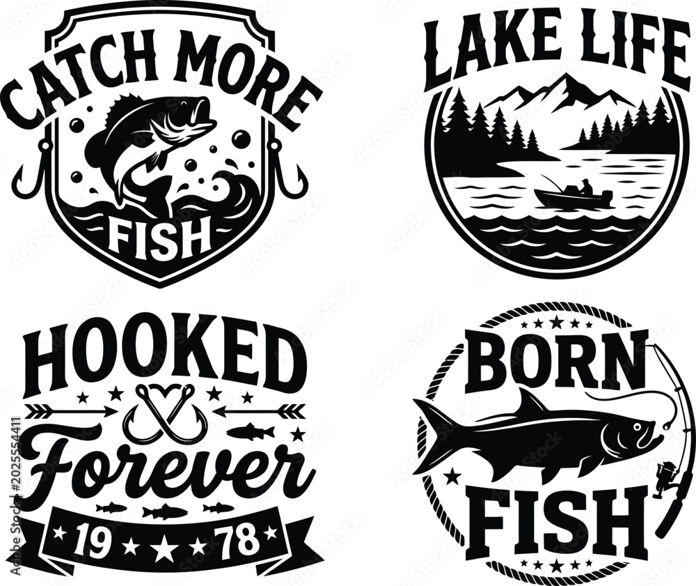Obraz premium Assortment of four Specialized fishing themed vector logo designs with Clear Elaborate monochromatic Structure Approach.