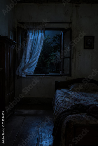 Dark bedroom with blue curtain and empty bed in quiet night .generative AI