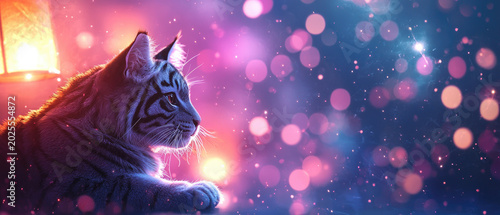 Dreamy Neon Cat Portrait With Bokeh Lights And Sparkling Night Glow, Cozy Indoor Mood