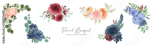 Quadro su tela Watercolor floral bouquets and corner elements in soft peach, blush pink, deep r
