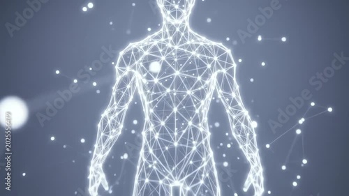 Digital representation of a human body as a glowing network of interconnected lines and dots, illustrating technology and scientific concepts.
