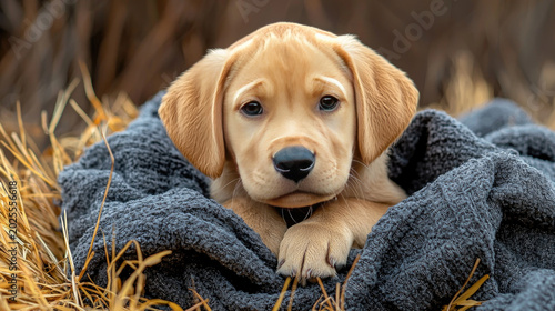 Cozy Golden Labrador Puppy Wrapped in Gray Blanket Lying in Autumn Grass, Cute Pet Portrait