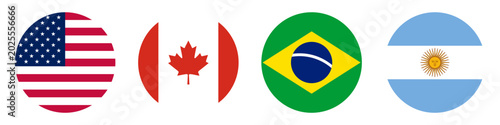 USA Canada Brazil Argentina Circle Flag Icons in Flat Vector Style