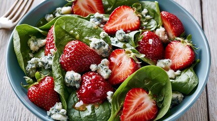 Spinach, strawberries, and blue cheese make a delicious summer salad. This is a top-down view of the salad on a light wooden table.