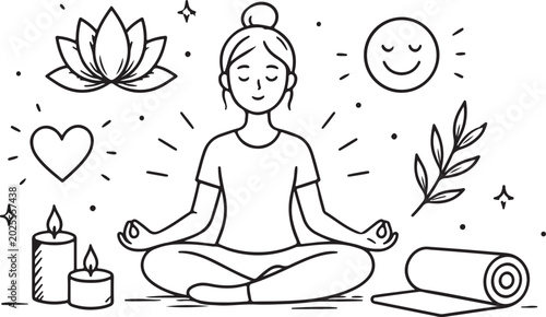 Young woman meditating in lotus pose with yoga mat candles and zen symbols in a simple black and white line art doodle style for wellness and health concepts