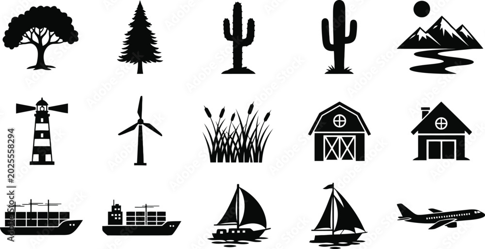 Fototapeta premium Collection of silhouette icons featuring nature transportation and buildings