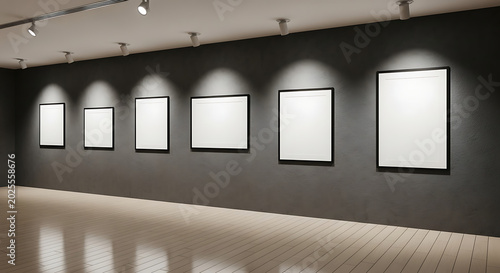 Modern art gallery interior design featuring a dark charcoal wall with five empty wooden picture frames illuminated by bright overhead spotlights in a minimalist museum exhibition hall.