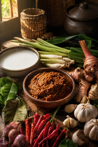 Traditional spice paste bowl with chilies and aromatics on banana leaf .generative AI