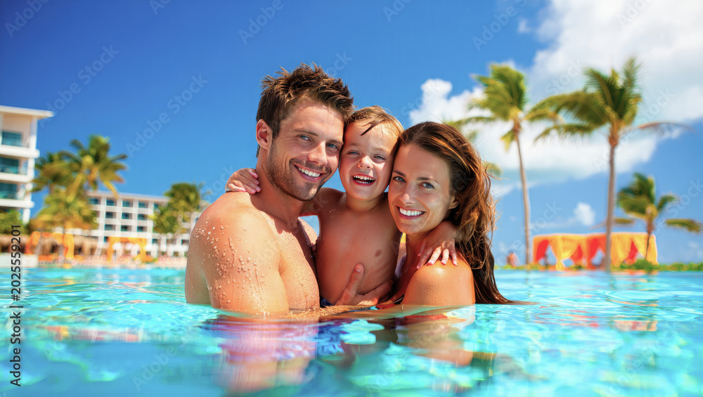 Fototapeta premium Happy family enjoying swimming pool vacation, tropical resort, bright sunny day, travel promotions, holiday advertising, leisure lifestyle, tourism marketing, family bonding, summer relaxation