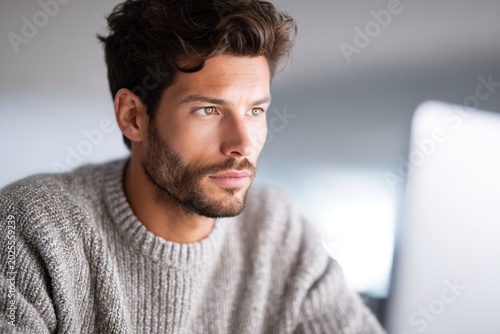 A man in a gray sweater sitting in front of a computer screen