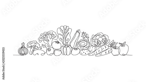 Continuous line drawing of assorted fresh vegetables and fruits arranged horizontally.