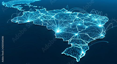 3D Map of Brazil Featuring Vibrant Digital Network Connections with Glowing Blue Data Nodes and Interconnected Lines Illustrating Global Communication Infrastructure and Technological Advancement