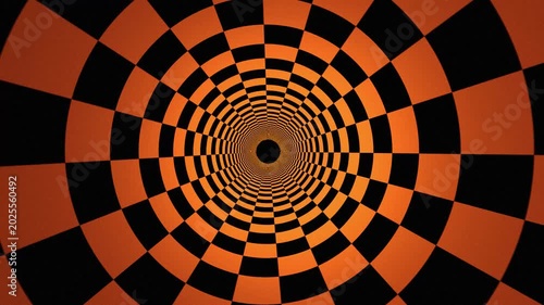 Hypnotic orange and black checkered spiral tunnel abstract dynamic background motion art