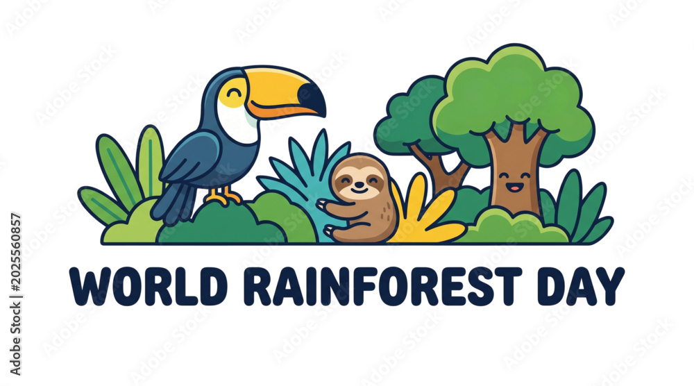 Naklejka premium World Rainforest Day vector illustration with tropical wildlife, toucan bird, sloth animal, jungle trees, rainforest ecosystem and environmental conservation awareness design