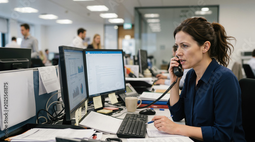 Professional woman talking on telephone in busy office. Employee managing emergency call at desk with computer monitors