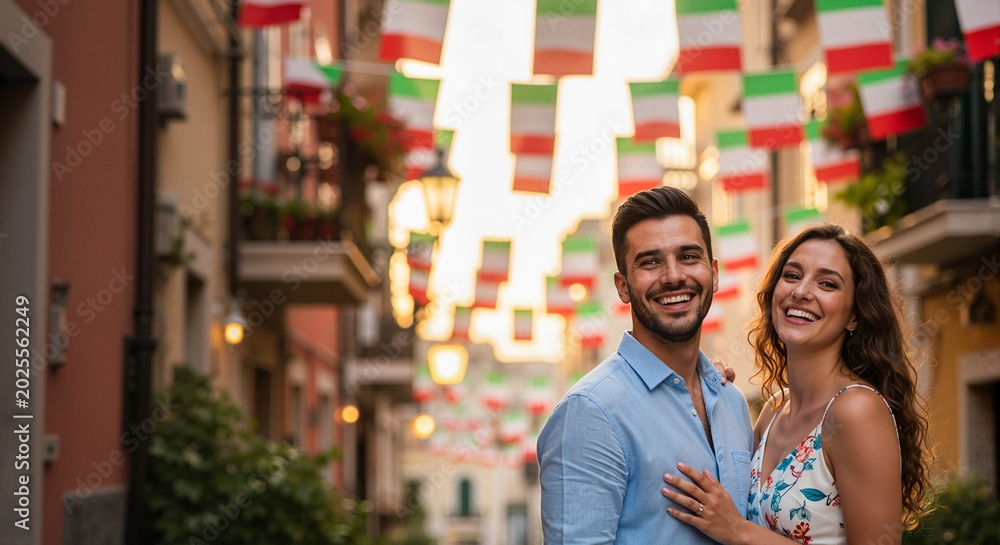 Fototapeta premium Happy couple smiling while embracing during Italian Republic Day celebration with festive flags for advertising social media banner website marketing and commercial editorial use