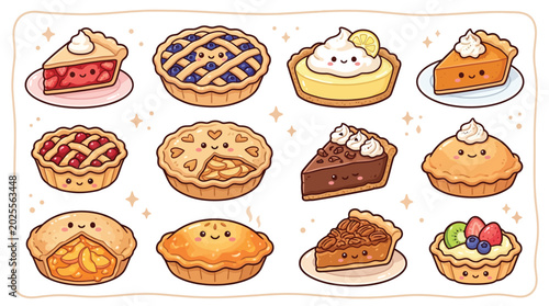 Fotografie A delightful collection of twelve adorable kawaii-style pies and pie slices, each with a cute smiling face, arranged in a grid on a light background with sparkling accents