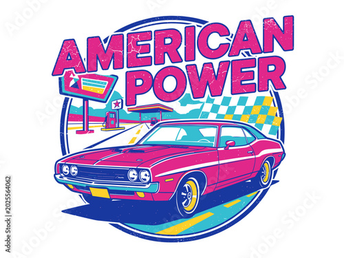 American power sport car print design. Speed racing poster design. Muscle car artwork for t shirt, poster and sticker. Road trip vintage graphic.
