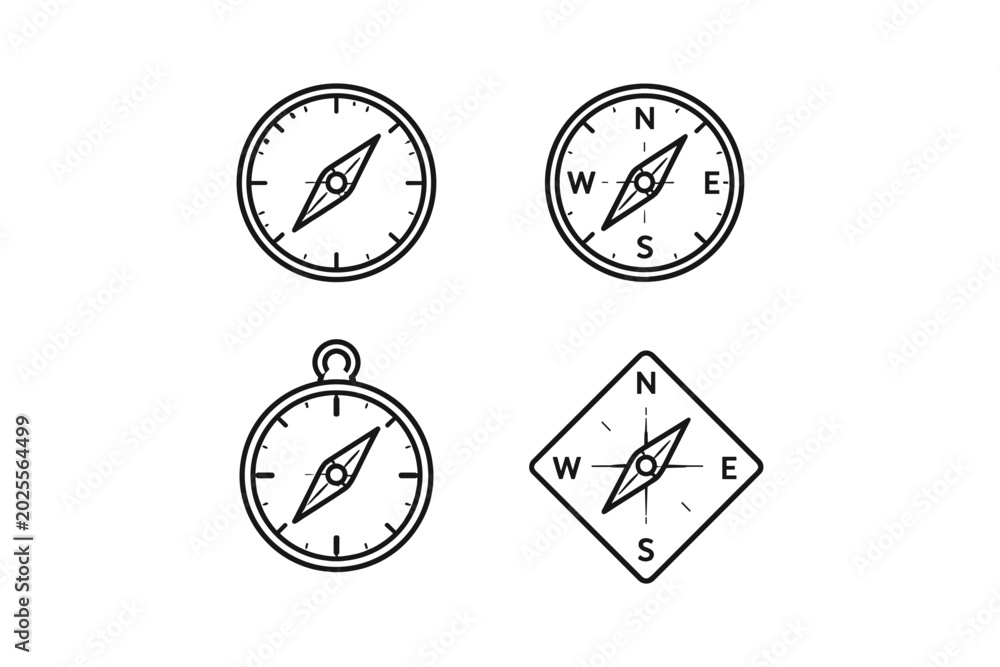 Fototapeta premium Collection of four simple line art compass icons for navigation and direction