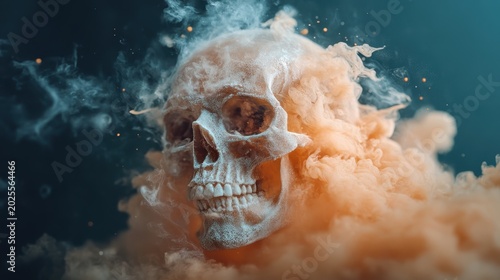 A striking artistic representation of a skull enveloped in swirling smoke, symbolizing the fleeting nature of life and the inevitability of death in a visually captivating manner.