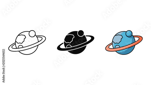 Planet earth with rings icon set featuring outline silhouette and colored cartoon style for space exploration and science education visuals