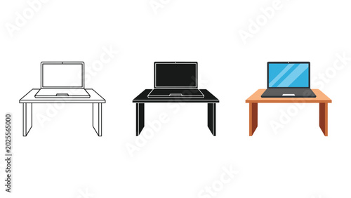 Set of three laptop on desk icons featuring outline silhouette and flat design styles for modern workspace communication and office technology concepts isolated on white background