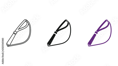 Slingshot weapon icon set featuring three variations including simple outline black silhouette and purple colored design for outdoor activity and toy concepts